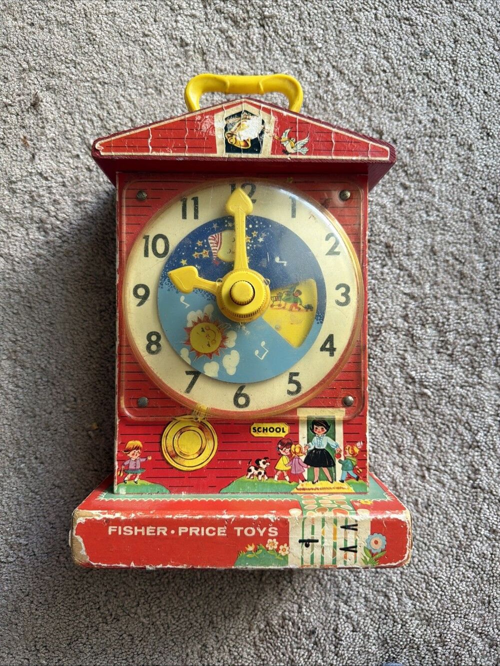 Vintage Fisher Price Teaching Clock 998 Music Box Works School Toy wood